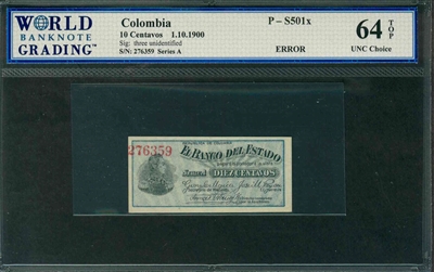 Colombia, P-S501x, 10 Centavos, 1.10.1900, Signatures: three unidentified, 64 TOP UNC Choice, ERROR