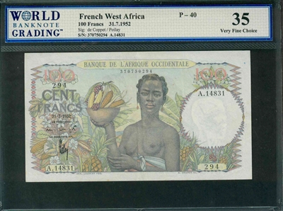 French West Africa, P-40 , 100 Francs, 31.7.1952, Signatures: de Coppet/Poilay, 35 Very Fine Choice