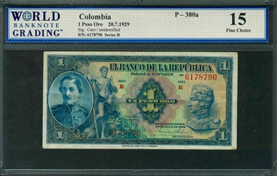 Colombia, P-380a, 1 Peso Oro, 20.7.1929, Signatures: Caro/unidentified, 15 Fine Choice