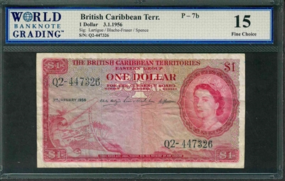 British Caribbean Territory, P-07b, 1 Dollar, 3.1.1956, Signatures: Lartigue/Blache-Fraser/Spence, 15 Fine Choice