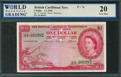 British Caribbean Territory, P-07c, 1 Dollar, 2.1.1964, Signatures: D'Andrade/Reece/Burrowes, 20 Very Fine