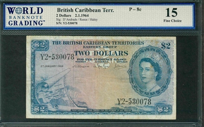 British Caribbean Territory, P-08c, 2 Dollars, 2.1.1964, Signatures: D'Andrade/Reece/Haley, 15 Fine Choice