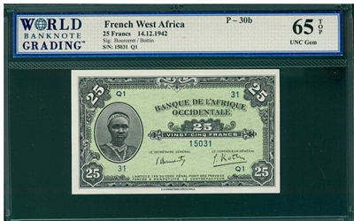 French West Africa, P-30b, 25 Francs, 14.12.1942, Signatures: Bourceret/Bottin, 65 TOP UNC Gem