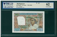 Madagascar, P-61, 50 Francs = 10 Ariary, ND (1969), Signatures: V. Miadana, 62 Uncirculated, , COMMENT: tiny pinhole