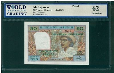 Madagascar, P-61, 50 Francs = 10 Ariary, ND (1969), Signatures: V. Miadana, 62 Uncirculated, , COMMENT: tiny pinhole