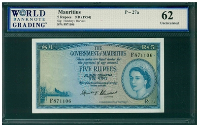 Mauritius, P-27a, 5 Rupees, ND (1954), Signatures: Hinchey/Harvais, 62 Uncirculated