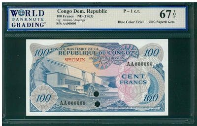 Congo Dem. Republic, P-1 c.t., 100 Francs, ND (1963), Signatures: Jenssen/Anyenga, 67 TOP UNC Superb Gem, Blue Color Trial