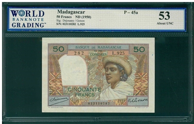 Madagascar, P-45a, 50 Francs, ND (1950), Signatures: Dejouany/Gonon, 53 About UNC, , COMMENT: toning