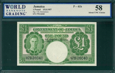 Jamaica, P-41b, 1 Pound, 15.8.1957, Signatures: E.R. Richardson, 58 About UNC Choice