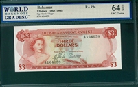 Bahamas, P-19a, 3 Dollars, 1965 (1966), Signatures: Sands/Higgs, 64 TOP UNC Choice