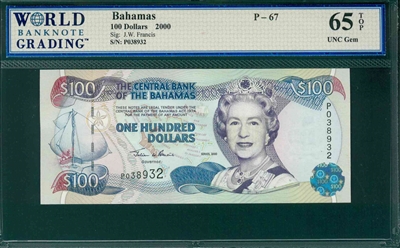 Bahamas, P-67, 100 Dollars, 2000, Signatures: J.W. Francis, 65 TOP UNC Gem