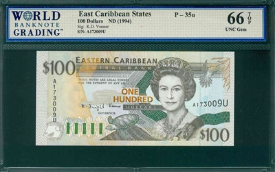 East Caribbean States, P-35u, 100 Dollars, ND (1994), Signatures: K.D. Venner, 66 TOP UNC Gem