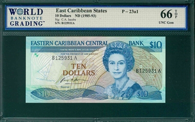 East Caribbean States, P-23a1, 10 Dollars, ND (1985-93), Signatures: C.A. Jacobs, 66 TOP UNC Gem