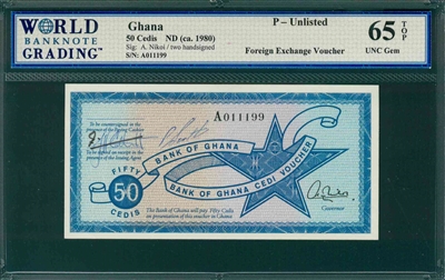 Ghana, P-Unlisted, 50 Cedis, ND (ca. 1980), Signatures: A. Nikoi/two handsigned, 65 TOP UNC Gem, Foreign Exchange Voucher