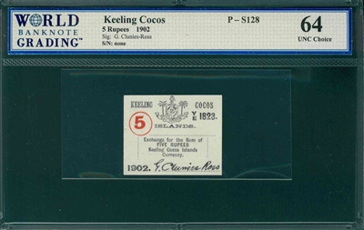 Keeling Cocos, P-S128 , 5 Rupees, 1902, Signatures: G. Clunies-Ross, 64 UNC Choice