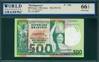 Madagascar, P-64a, 500 Francs=100 Ariary, ND (1974-75), Signatures: L.M. Rajaobelina, 66 TOP UNC Gem