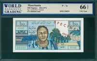 Mauritania, P-1s, 100 Ouguiya, 20.6.1973, Signatures: unidentified/Daddah, 66 TOP UNC Gem, SPECIMEN