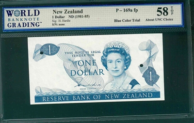 New Zealand, P-169a fp, 1 Dollar, ND (1981-85), Signatures: H. Hardie, 58 TOP About UNC Choice, Blue Color Trial