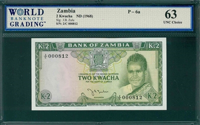 Zambia, P-6a, 2 Kwacha, ND (1968), Signatures: J.B. Zulu, 63 UNC Choice