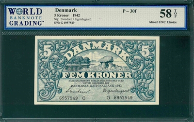 Denmark, P-30f, 5 Kroner, 1942, Signatures: Svendsen/Ingerslegaard, 58 TOP About UNC Choice