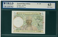 French West Africa, P-25, 5 Francs, 6.5.1942, Signatures: Keller/Poilay, 63 UNC Choice