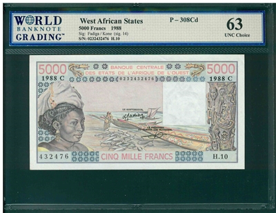 West African States, P-308Cd, 5000 Francs, 1988, Signatures: Fadiga/Kone (sig. 14), 63 UNC Choice