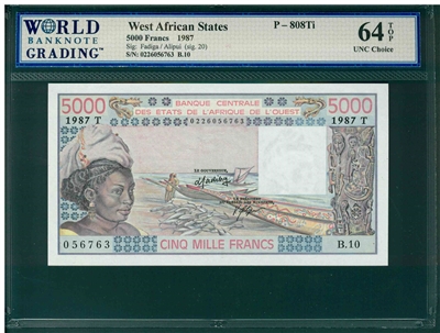 West African States, P-808Ti, 5000 Francs, 1987, Signatures: Fadiga/Alipui (sig. 20), 64 TOP UNC Choice