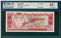 Rwanda, P-10as, 1000 Francs, 15.3.1969, Signatures: Birara/Hattori, 62 Uncirculated, SPECIMEN