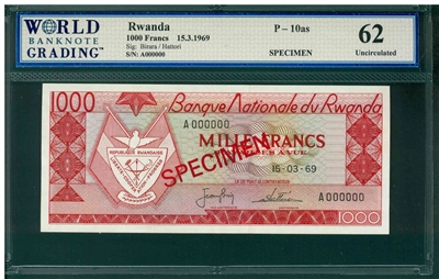 Rwanda, P-10as, 1000 Francs, 15.3.1969, Signatures: Birara/Hattori, 62 Uncirculated, SPECIMEN
