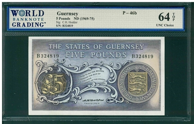 Guernsey, P-46b, 5 Pounds, ND (1969-75), Signatures: C.H. Hodder, 64 TOP UNC Choice