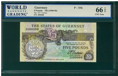Guernsey, P-53b, 5 Pounds, ND (1990-95), Signatures: D.P. Trestain, 66 TOP UNC Gem