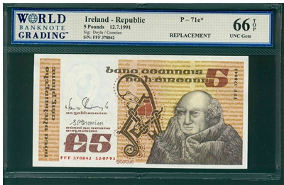 Ireland - Republic, P-71e*, 5 Pounds, 12.7.1991, Signatures: Doyle/Cromien, 66 TOP UNC Gem, REPLACEMENT