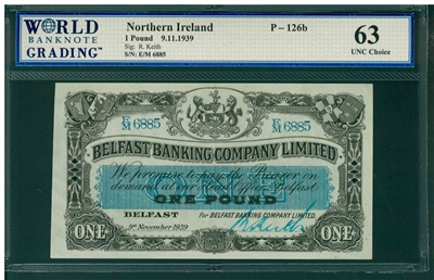 Northern Ireland, P-126b, 1 Pound, 9.11.1939, Signatures: R. Keith, 63 UNC Choice