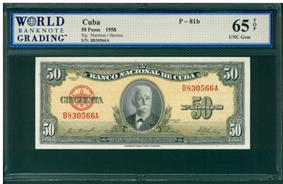 Cuba, P-81b, 50 Pesos, 1958, Signatures: Martinez/ Herrera, 65 TOP UNC Gem