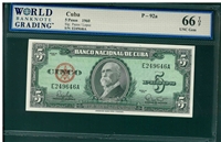 Cuba, P-92a, 5 Pesos, 1960, Signatures: Pazos/Lopez, 66 TOP UNC Gem