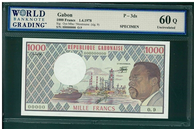 Gabon, P-3ds, 1000 Francs, 1.4.1978, Signatures: Oye Mba/Ntoutoume (sig. 9), 60 Q Uncirculated, SPECIMEN, COMMENT: small spots back