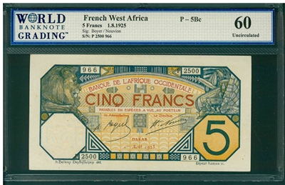 French West Africa, P-5Bc, 5 Francs, 1.8.1925, Signatures: Boyer/Nouvion, 60 Uncirculated