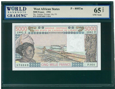 West African States, P-808Tm, 5000 Francs, 1992, Signatures: Ouattara/Korsaga (sig. 23), 65 TOP UNC Gem