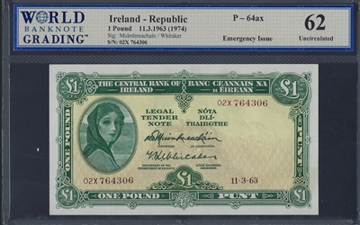 Ireland - Republic, P-64ax, 1 Pound, 11.3.1963 (1974), Signatures: Muimhneachain/Whitaker, 62 Uncirculated, Emergency Issue