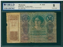 Romania, P-R18, 50 Korona, 2.1.1914 (1919), Signatures: Wiedenburg, Hertelendy/Popovics/Dasatiel-Schmid, 8 Very Good