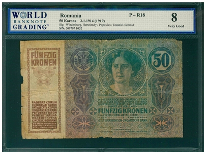 Romania, P-R18, 50 Korona, 2.1.1914 (1919), Signatures: Wiedenburg, Hertelendy/Popovics/Dasatiel-Schmid, 8 Very Good