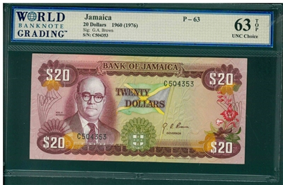 Jamaica, P-63, 20 Dollars, 1960(1976), Signatures: G.A. Brown, 64 TOP UNC Choice