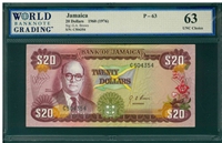 Jamaica, P-63, 20 Dollars, 1960(1976), Signatures: G.A. Brown, 63 UNC Choice