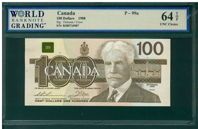 Canada, P-99a, 100 Dollars, 1988, Signatures: Thiessen/Crow, 64 TOP UNC Choice