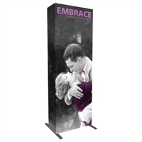 Embrace 1x3 popup trade show booth with fitted dye-sub SEG fabric graphic including endcaps