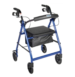 Aluminum four wheeled Rollator walker with blue colored aluminum frame