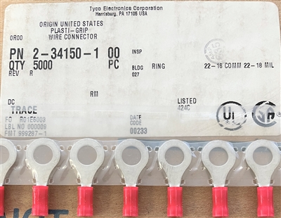 2-34150-1 - TE/AMP - PLASTI-GRIP, Ring Terminals & Spade Terminals, Ring Tongue, 22 â€“ 16AWG Wire Size, .26 â€“ 1.65mmÂ² Wire Size, 509 â€“ 3260CMA Wire Size, M6 / 1/4 (Reel)