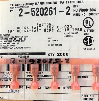 2-520261-2 - TE/AMP - Ultra-Fast 187, Quick Disconnects, Receptacle, 22 â€“ 18AWG Wire Size, .32 â€“ .82mmÂ² Wire Size, Quick Disconnect Mating Tab Width 4.75 mm [.187 in]