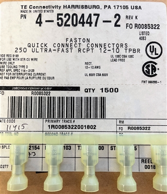 4-520447-2 TE/AMP - Ultra-Fast 250, Quick Disconnects, Receptacle, 12 â€“ 10AWG Wire Size, 3.31 â€“ 5.26mmÂ² Wire Size, Mating Tab Width 6.35 mm [.25 in] (Reel)