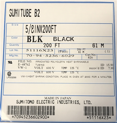 Sumitube B2 5/8" BLACK - Sumitomo - 200' of 2:1 Flexible Polyolefin Heat Shrink Tubing - SAE-AS23053/5 Class 1, 3